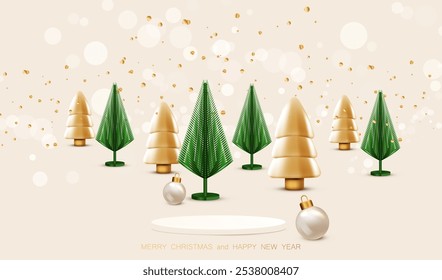 Fundo Feliz Natal com bolas de pérola, árvores verdes de plástico e árvore de ouro metálico. Cartão de férias com pódio e pano de fundo bokeh. Design de x-mas vetorial.