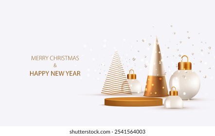 Merry Christmas background with pearl white balls, gold trees, metallic decoration. Holiday card with golden podium and bokeh confetti. Vector x-mas design.