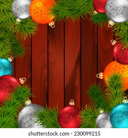 Merry Christmas background with pine branches and christmas toys. Vector illustration