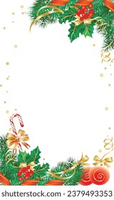 Merry christmas background with pine leaves boarder and frame and colorful christmas balls, stars and snowflakes