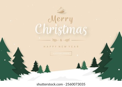 Merry Christmas background with pine trees in snow forest with text, beige color theme vector design