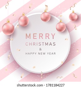 Merry christmas background with pink realistic balls.