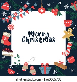 Merry Christmas background. Place for your text. Vector frame with gift, socks, ball, gingerbread man and garland. Christmas concept for invitation and party.