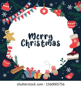 Merry Christmas background. Place for your text. Vector frame with gift, socks, ball, gingerbread man and garland. Christmas concept for invitation and party.