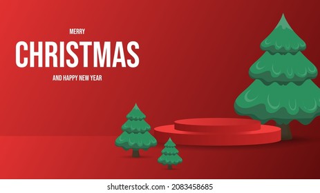 Merry Christmas background, Podium with Christmas tree on red background , Flat Modern design , illustration Vector EPS 10
