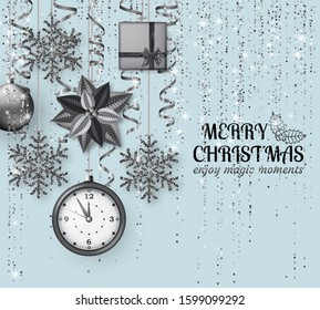 Merry Christmas background with Poinsettia, snowflakes, silver balls, clock and gift boxes. Greeting card and Xmas template. Five minutes to midnight. Vector illustration.