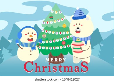 Merry Christmas Background with polar bear and snowman hold christmas ball. christmas tree. scene winter landscape