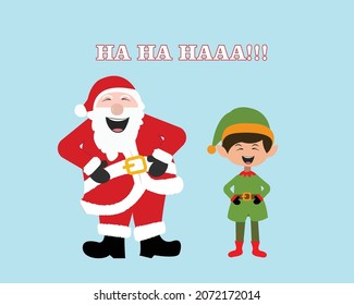 Merry Christmas background poster with elf and Santa Claus laughing. Holiday cards, Happy Holidays