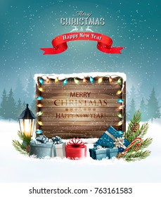 Merry Christmas Background with presents and wooden board. Vector