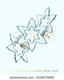 Merry Christmas background. Realistic 3d glass snowflakes with metallic texture on a blue background with scattered gold confetti. New year festive poster. Xmas holiday banner. Vector illustration