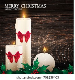 Merry Christmas Background with Realistic Burning Candles, Red Bows and Colorful Holly Berry Border on Wood Texture Background. Vector illustration