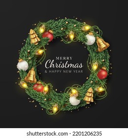 Merry Christmas background with realistic decoration round from christmas tree branches, string light, bells, and christmas balls. Vector illustration