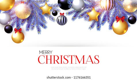Merry Christmas Background with Realistic Golden Balls and Stars, Black Balls, Red Bows and Fir Tree Branches. Vector illustration