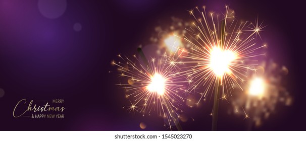 Merry Christmas background with realistic sparkler and light effects. Vector Happy New Year poster with golden bengal lights and bokeh. Festive illustration
