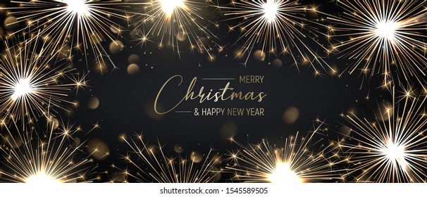 Merry Christmas background with realistic sparkler and light effects. Vector Happy New Year poster with golden bengal lights and bokeh. Festive illustration
