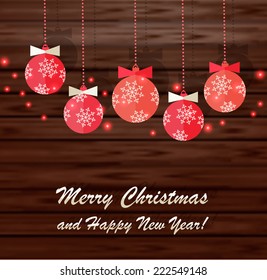 Merry Christmas Background with red Christmas balls and lights on wood texture, vector illustration