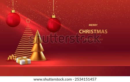 Merry Christmas background. Red balls, gold trees and white gift box. Holiday card. Vector x-mas display for sale product design.