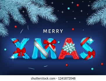 Merry Christmas  background with red and blue  decorative letters with  gift bow, ribbon  and silver spruce branch. Xmas text. Winter holiday decoration. Vector greeting card template.