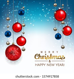 Merry Christmas background with Red and Blue Christmas balls  template and snow sparkles for Xmas design with lettering. Vector illustration. 
