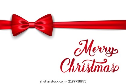 Merry Christmas background. Red elegant calligraphic lettering isolated on white. Bright text realistic 3D ribbon bow top view. Decoration for Christmas and Happy New Year holiday. Vector illustration
