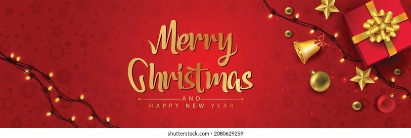 Merry Christmas background. Christmas red gift box with golden bell . wed banner Vector illustration design