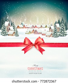 Merry Christmas Background with red gift bow and winter village. Vector