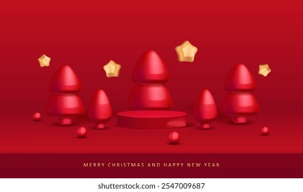 Fundo Feliz Natal com árvores 3D brilhantes vermelhas, bola, estrelas de desenhos animados brilhante e pódio vermelho. Feriado mock up cartão vermelho. Vetor x-mas design com lugar para a venda de exposição design de vetor de produto de presente.