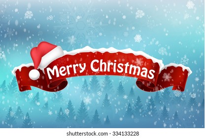 Merry christmas background with red realistic ribbon banner and snow. vector