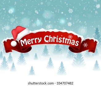 Merry christmas background with red realistic ribbon banner and snow. vector