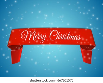 Merry Christmas background with red realistic ribbon banner and falling snow. Vector illustration for your design