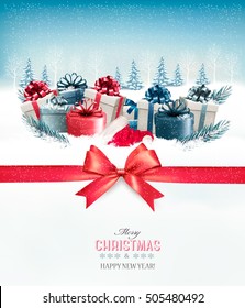 Merry Christmas Background with a red ribbon and gift boxes.Vector