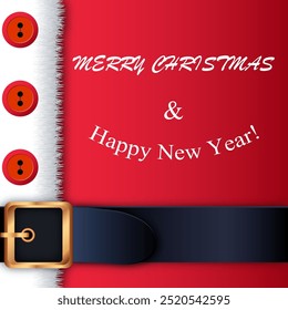 Merry Christmas background. Red Santa Claus suit, leather belt with gold buckle, white beard, concept for greeting or postal card, vector illustration