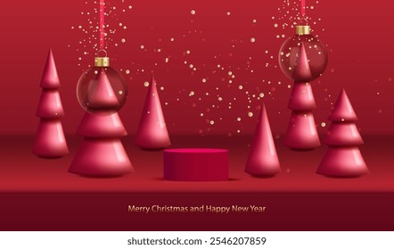 Merry Christmas background with red shiny 3d trees, glass ball, glitter confetti and red podium. Holiday mock up red card. Vector x-mas design with place for display sale product vector design.