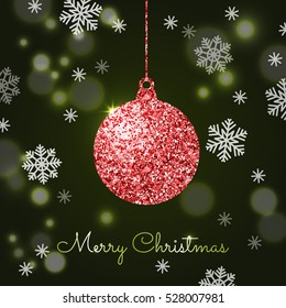 Merry Christmas background with red shiny bauble. Shining glitter textured ball on green background. Vector template for greeting card.
