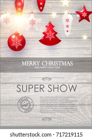 Merry Christmas Background with Red and Transparent Glass Toys, Garlands, Shining Stars and Light Effect on Soft Wood Texture. Vector illustration