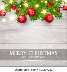 Merry Christmas Background with Red and Transparent Glass Toys, Fir Tree Branch Garlands, Shining Stars and Light Effect on Soft Wood Texture. Vector illustration