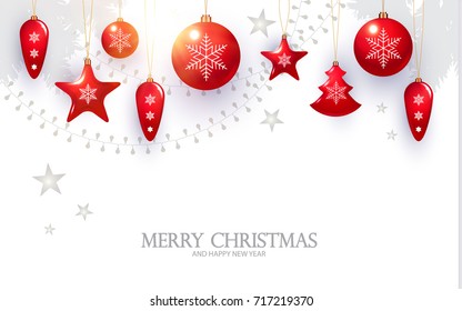 Merry Christmas Background with Red and Transparent Glass Toys, Garlands, Shining Stars and Light Effect on Soft Wood Texture. Vector illustration