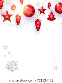 Merry Christmas Background with Red and Transparent Glass Toys, Garlands, Shining Stars and Light Effect on Soft Wood Texture. Vector illustration
