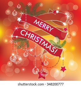 Merry Christmas Background with Ribbon, Starts, Decorative and Garland
