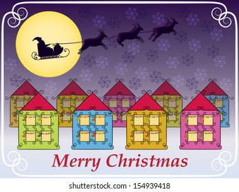 Merry Christmas background with Santa Claus sleigh flying above houses
