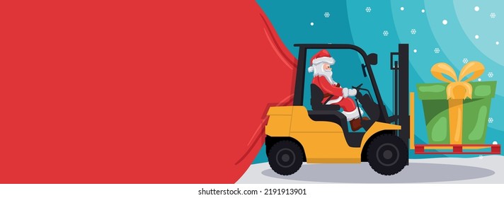 Merry christmas background with santa claus driving forklift Christmas banner with space for text