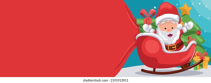 Merry christmas background with santa claus on his sleigh and pulling gift bag on snow with christmas tree and gift boxes. Christmas banner with space for text