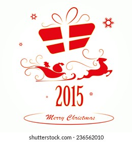 Merry Christmas background, Santa Claus in a sleigh and gift box vector illustration