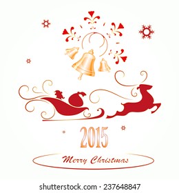 Merry Christmas background, Santa Claus in a sleigh , snowflakes, bells, vector illustration