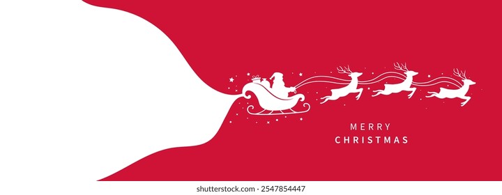 Merry christmas background. Santa Claus ride sleigh with flying reindeer. Snowflake and star decorative. Xmas banner. New year card. Vector illustration