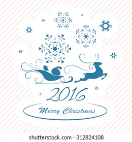 Merry Christmas background, Santa Claus in a sleigh, snowflakes, isolated on striped, vector illustration