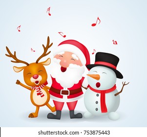 Merry Christmas background with Santa claus, snowman and reindeer 