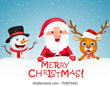 Merry Christmas background with Santa claus, snowman and reindeer 