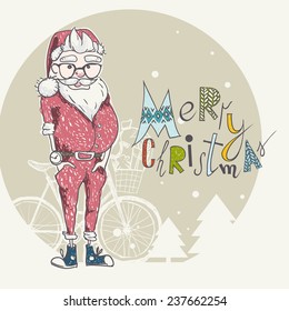 Merry Christmas Background With Santa In Hipster Style, Eps 10 Vector Illustration