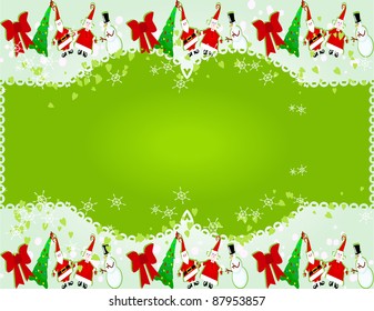 Merry Christmas background with Santa, Mrs. Claus, Snowman, Tree with Christmas balls, and Happy Bow vector illustration